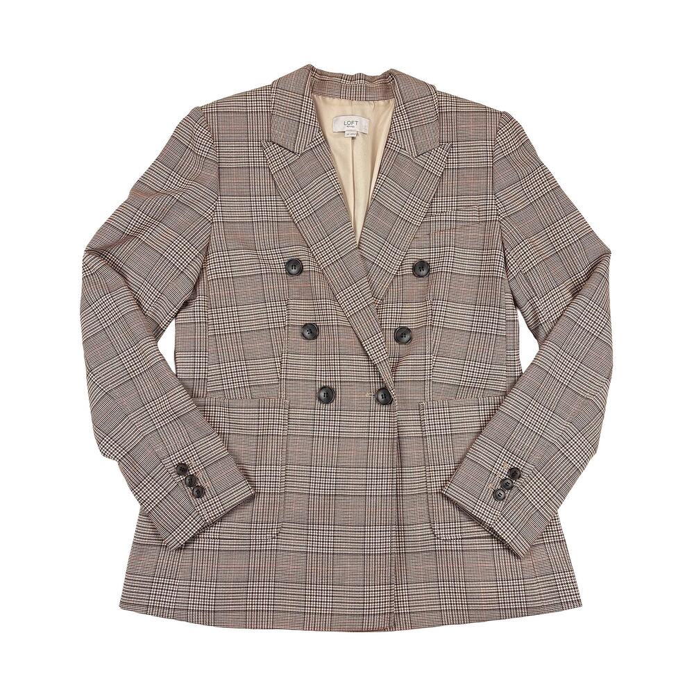 LOFT Double Breasted Plaid Blazer Women 4P Brown Preppy Academia Petite
